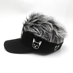 Detail view of the spiky grey synthetic wig and cat embroidery on this black baseball cap