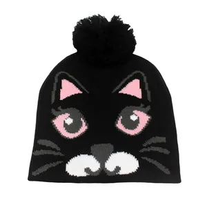 Bonnet en tricot noir pour fille avec motif chat mignon et grand pompon pour l'hiver