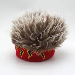 Funny flame pattern knitted wig beanie with brown faux hair for kids and adults
