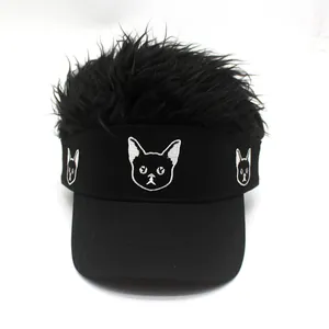 Cartoon embroidery baseball cap with creative black synthetic hair wig attachment