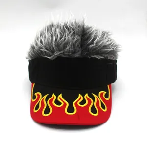 Detail of red flame embroidery on the brim of a creative grey wig baseball cap