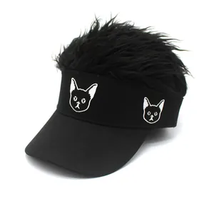 Creative black sun visor baseball cap with faux hair wig and cute cat embroidery