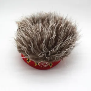 Funny flame jacquard wig beanie with fluffy brown synthetic hair and red knit headband
