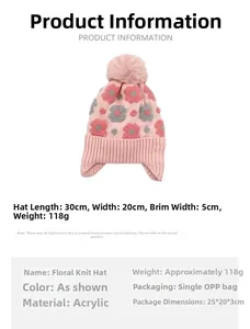 Guide des tailles montrant 30x20cm pour le bonnet d'hiver en tricot fleuri fille