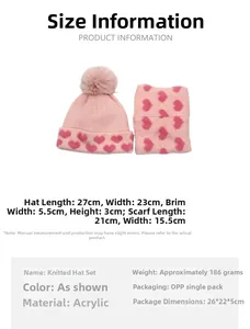 Tabella taglie dettagliata per set invernale bimbi con cappello e sciarpa rosa a cuori