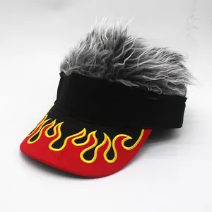 Black sun visor hat with silver grey wig hair and red flame embroidery pattern