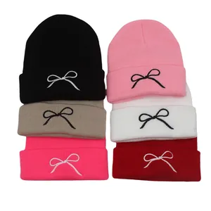 Women's Sweet Bowknot Embroidery Knitted Beanie Hat Autumn Winter Warm Acrylic Ribbed Cuff Cap For Outdoor Daily Wear