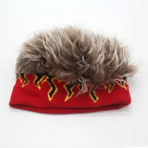 Detail of creative knit beanie with flame jacquard and fluffy faux fur wig top