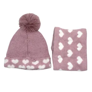 Pink heart jacquard kids knit hat and scarf set with faux fur pom pom for winter warmth
