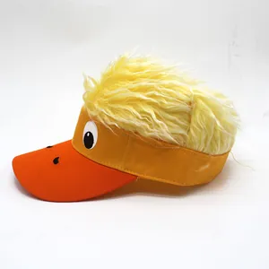 Detail view of cartoon duck visor with yellow faux hair wig and novelty big eyes