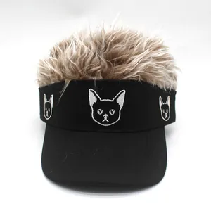 Detailed embroidery of cat face on a black baseball cap featuring synthetic brown hair piece