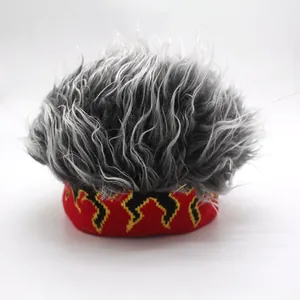Funny flame jacquard beanie hat with gray spiky wig hair for parties and winter warmth