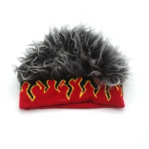 Detailed knit wig hat showing grey faux fur top and red flame pattern brim