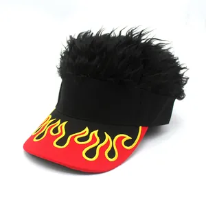 Flame embroidered baseball cap with black wig extension and red contrast brim