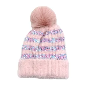 Bonnet en tricot rayé pour enfants avec pompon large et revers côtelé pour l'hiver
