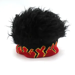 Funny flame pattern beanie with black curly wig hair for kids and adults unisex styling