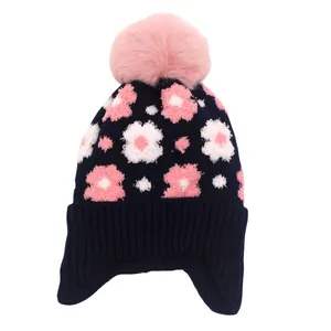 Bonnet tricoté bleu marine pour filles avec motifs fleurs et pompon rose