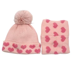 Kids Winter Knit Hat And Scarf Set Heart Jacquard Pom Pom Beanie Neck Warmer Fleece Lined Warm Thick Hat And Scarf For Girls Boys