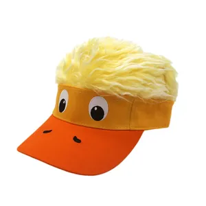 Funny duck shaped sun visor hat with yellow faux fur wig and cartoon eyes embroidery