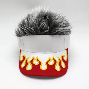 Detailed flame embroidery on a white and red visor with spiked grey synthetic hair wig