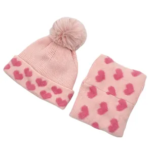 Pink heart jacquard kids knit hat and scarf set with fluffy faux fur pompom for winter