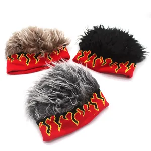 Unisex Novelty Wig Beanie Hat With Flame Pattern Knitted Punk Style Hair Beanie For Party Cosplay Warm Winter Cap