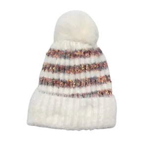 Bonnet en tricot rayé pour enfants avec doublure polaire chaude et grand pompon blanc