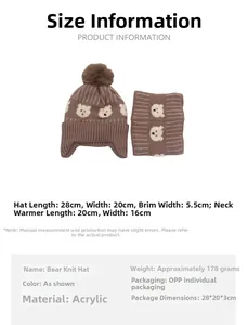 Detailed size chart for the children's knitted bear hat and neck warmer scarf set
