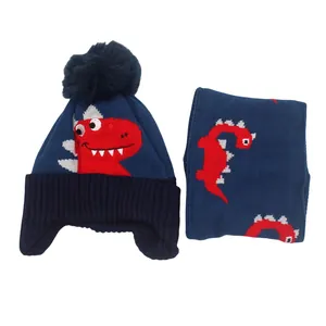 Children Winter Knitted Hat And Scarf Cartoon Dinosaur Thickened Fleece Lined Warm Beanie Pom Pom Boys Girls Outdoor Cold Weather Accessory