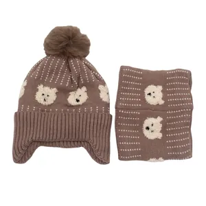 Kids Knit Hat And Scarf Warm Fleece Lined Beanie With Pom Pom Cartoon Bear Ear Protection Winter Thermal Accessories