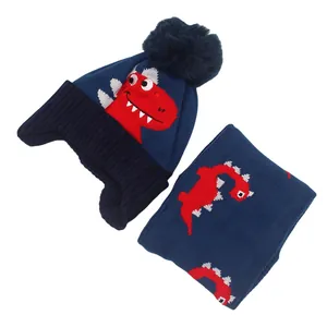 Kids navy blue knitted hat and scarf set with red cartoon dinosaur pattern and pompom