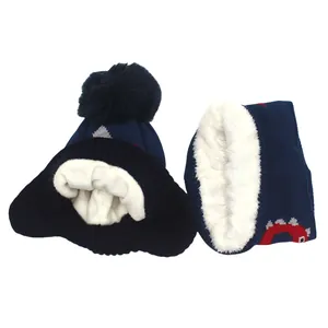 Kids winter knit beanie hat and scarf set with cartoon dinosaur patterns and warm fleece lining