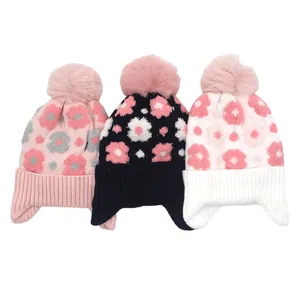 Bonnet Hiver Tricoté Pour Enfants Avec Cache-oreilles Motif Fleur En Acrylique Bonnet Chaud Avec Pompon En Fausse Fourrure