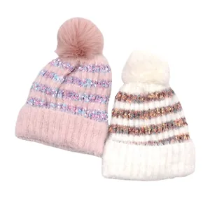 Bonnet Tricoté d'Hiver pour Enfants Rayures Colorées Pompon en Fausse Fourrure Doublé Polaire Chaud Épais Crochet Capuchon