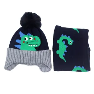 Kids warm knit hat and scarf set with cartoon dinosaur jacquard and faux fur pompom