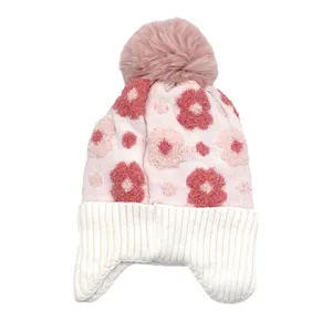 Bonnet tricoté pour filles avec motifs floraux et pompon en fausse fourrure rose