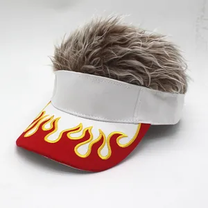 Funny novelty baseball cap with flame embroidery and creative faux hair wig on top