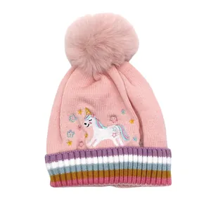 Bonnet tricoté rose pour enfants avec pompon en peluche et broderie licorne chaude
