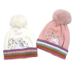 Bonnet d'Hiver Tricoté pour Enfants Avec Pompon Broderie Licorne Doublure Polaire Protection des Oreilles Bord Rayé Bonnet Crochet Filles
