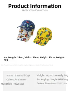 Detailed size and material chart for cartoon excavator kids baseball cap in three colors