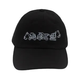 Kids black baseball cap with grey truck and excavator embroidery on cotton canvas