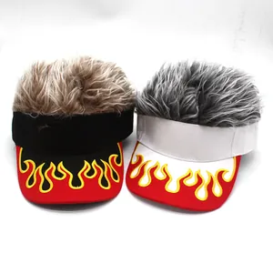 Funny visor hat with wig hair and flame embroidery in black and white styles