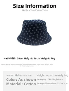 Détails techniques du chapeau bob en coton délavé avec motif de cœur et protection solaire