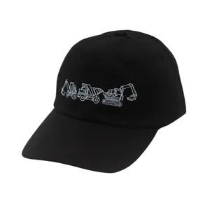 Detailed close-up of white truck and excavator embroidery on the black cotton baseball cap