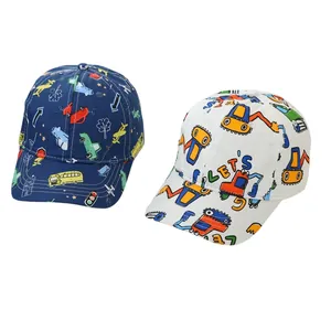 Detailed view of children baseball caps with excavator and vehicle patterns