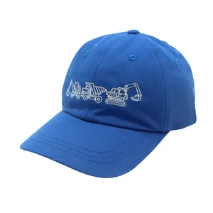 Detail view of blue cotton baseball cap with white excavator and truck embroidery