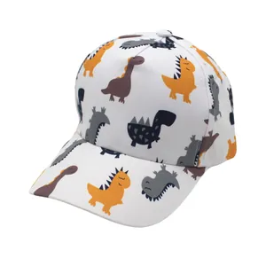 Kids baseball cap featuring colorful cartoon dinosaur prints on white fabric for sun protection