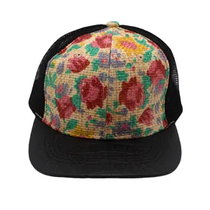 Floral print straw baseball cap with black faux crocodile leather brim and mesh back