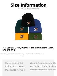 Detailed size chart for acrylic knitted beanie with highland cow embroidery in various colors