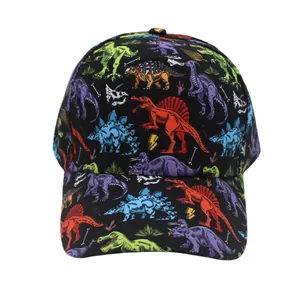 Kids black baseball cap with colorful cartoon dinosaur prints and curved brim